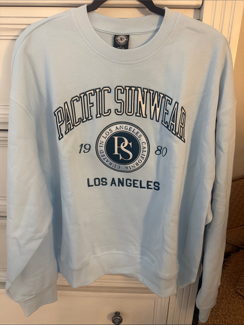 Pacific Sunwear Light Blue Logo Crewneck Sweatshirt with Navy Print